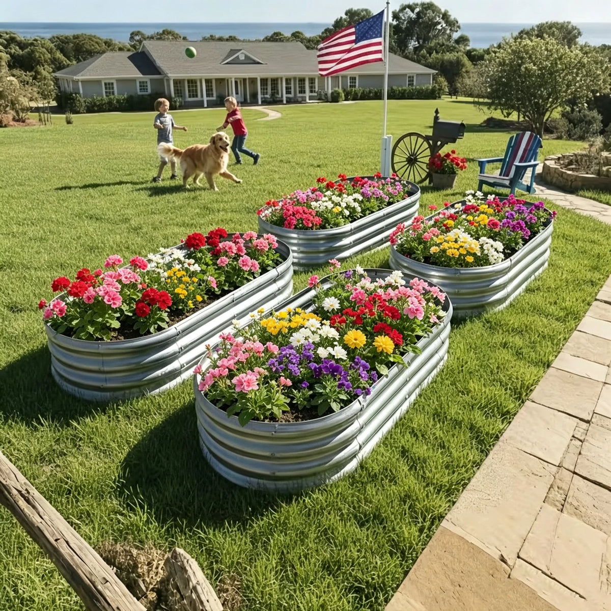 Oval Galvanized Metal Raised Garden Bed, Large Capacity Corrugated Planter Container, Sturdy Weatherproof Raised Bed for Vegetable, Flower & Herb, Outdoor Backyard Garden