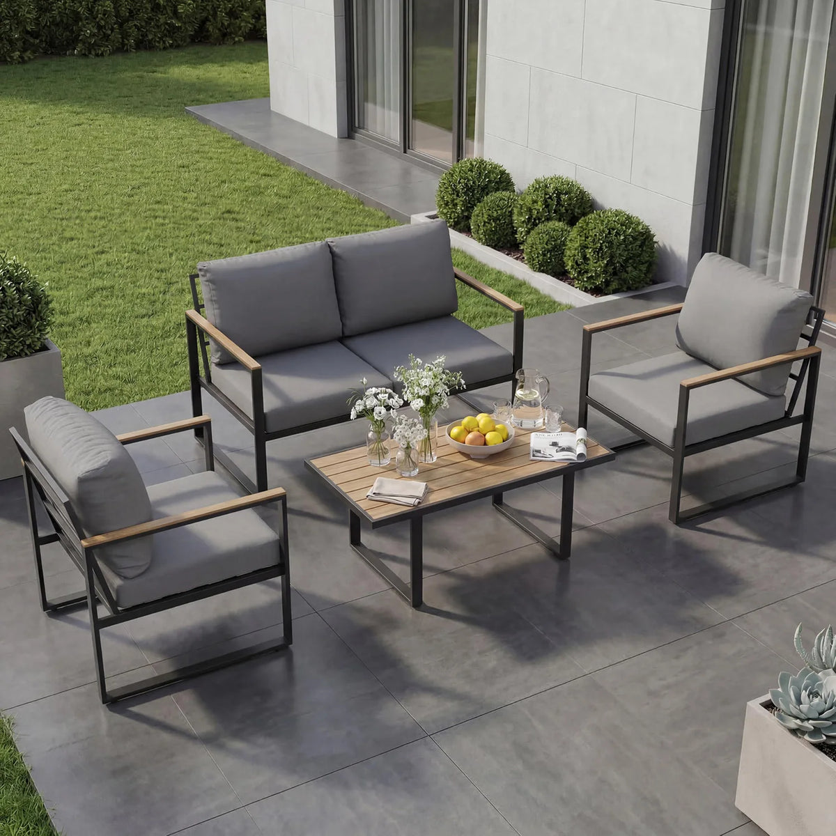 HobbyLane Modern 4 Piece Outdoor Patio Conversation Sectional Sofa Set
