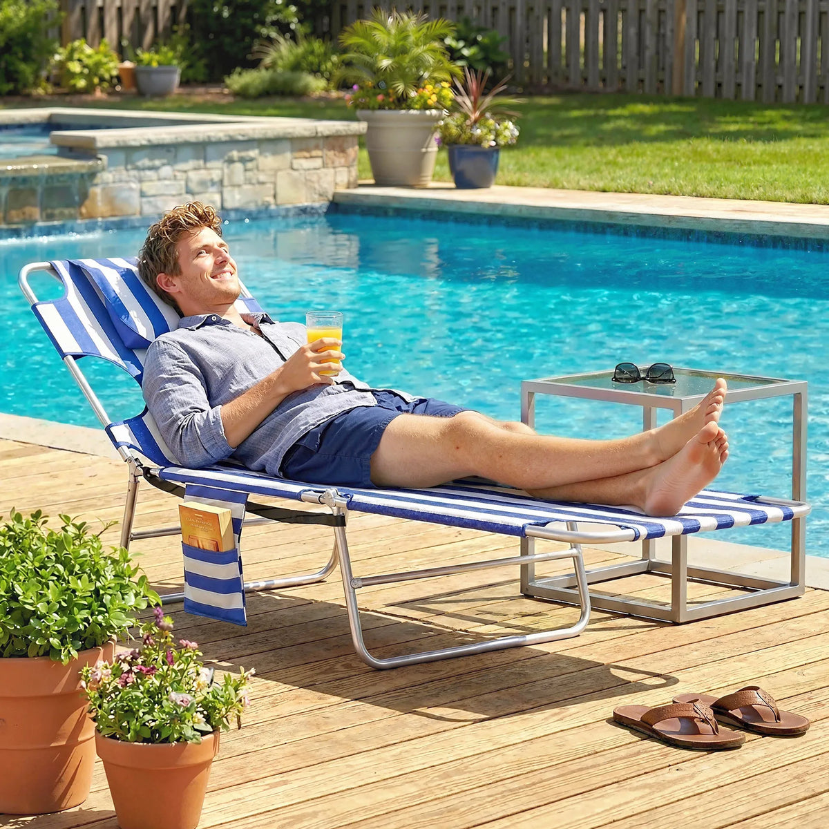 Outsunny Folding Outdoor Lounge W/ Face Hole, 5-Level Recline, Blue Stripe