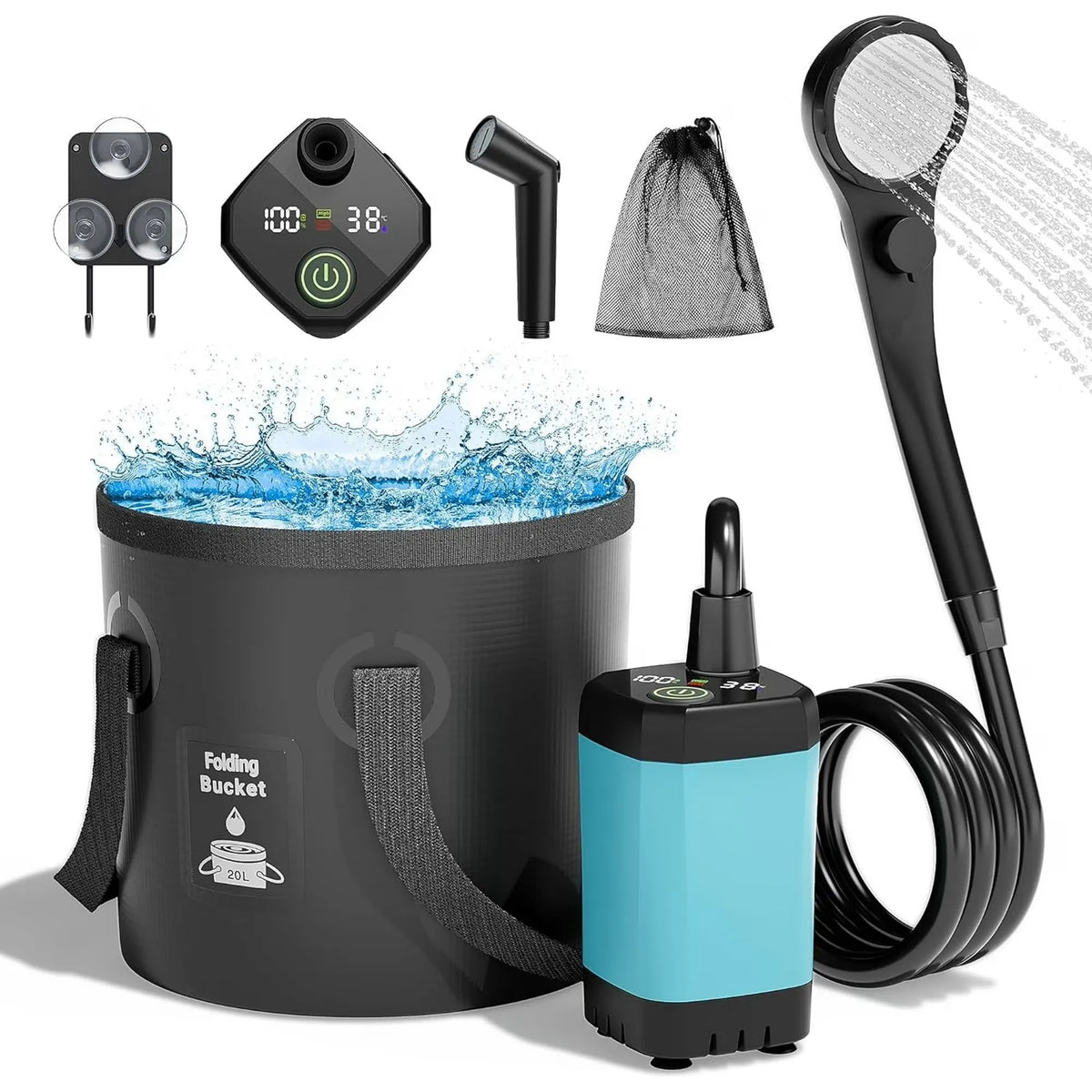 Moriko Portable Camping Shower Rechargeable Pump Collapsible Bucket LED Display