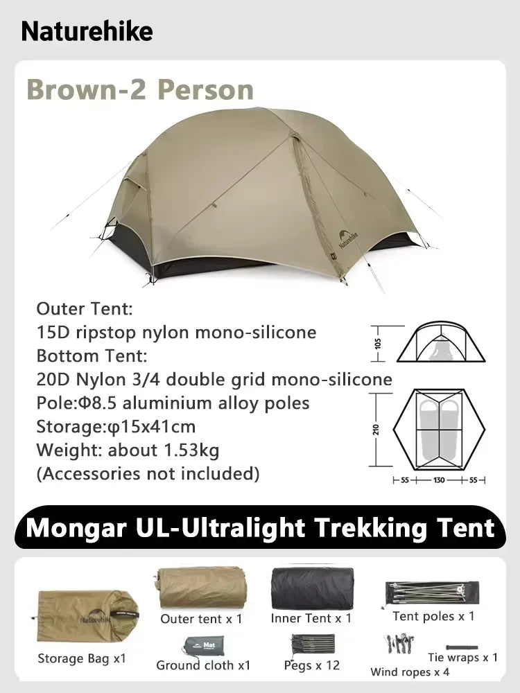Naturehike Mongar UL Tent 2 Person 3 Season Camping Tent 15D Waterproof Ultralight Backpacking Tent for Hiking Cycling
