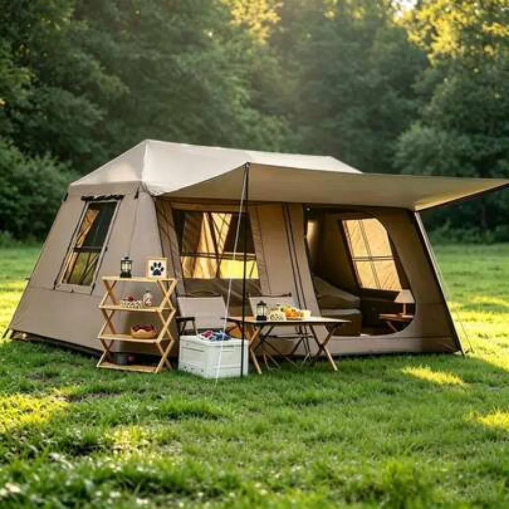 4 6 8 Person Camping Tent Retractable Awning Ventilation Windows UV Resistant Waterproof All Seasons Family Forest Sunset