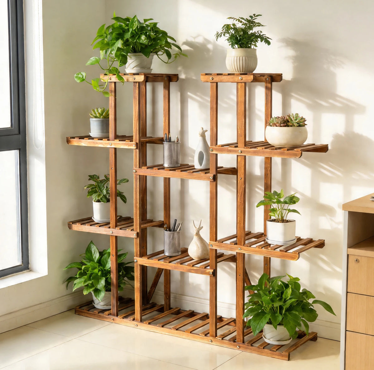 Wood Multi-Tiered Plant Stand Reinforced Flower Display Rack for Outdoor Indoor Decor