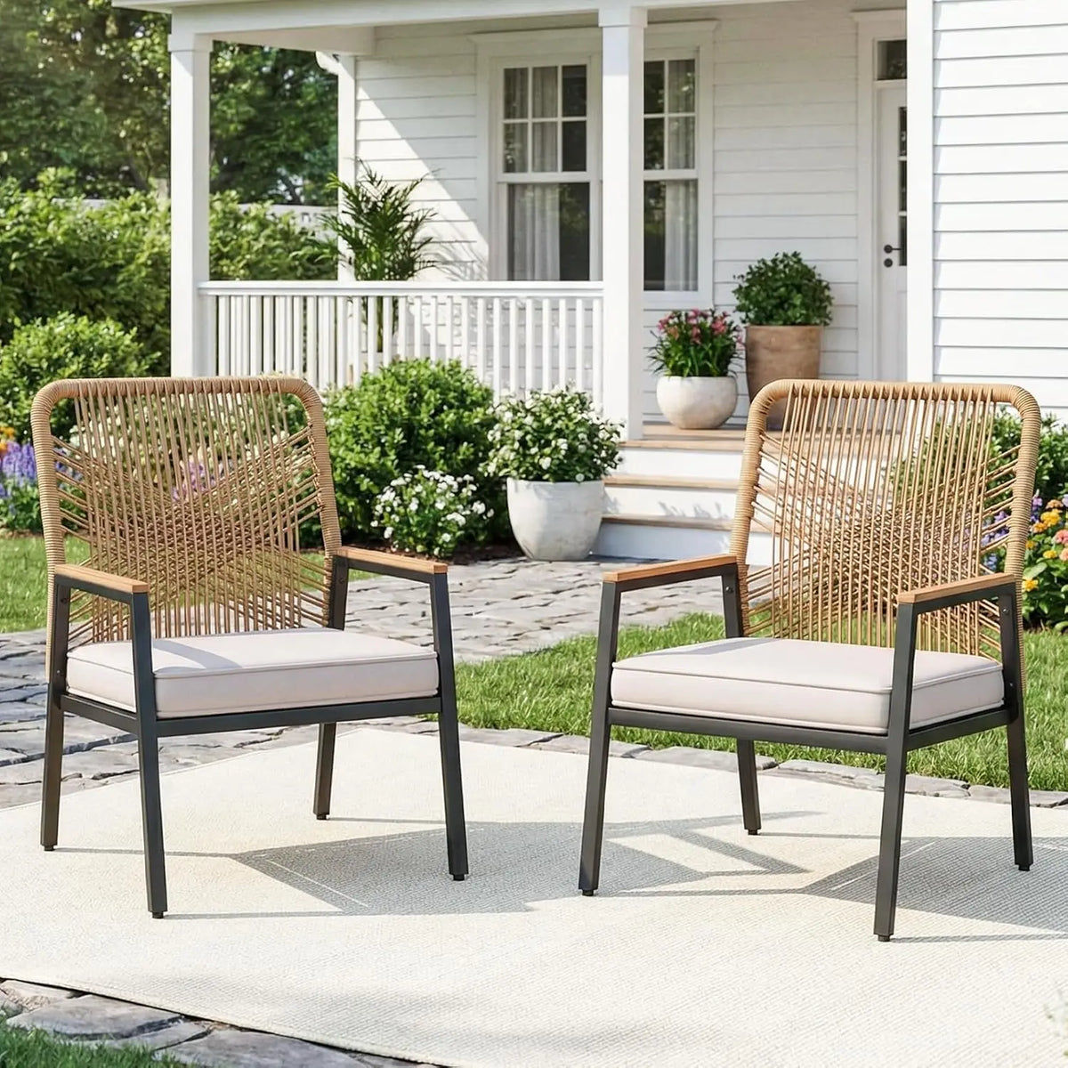 2Pcs Garden Rattan Patio Chairs With WPC Armrests Outdoor Seating