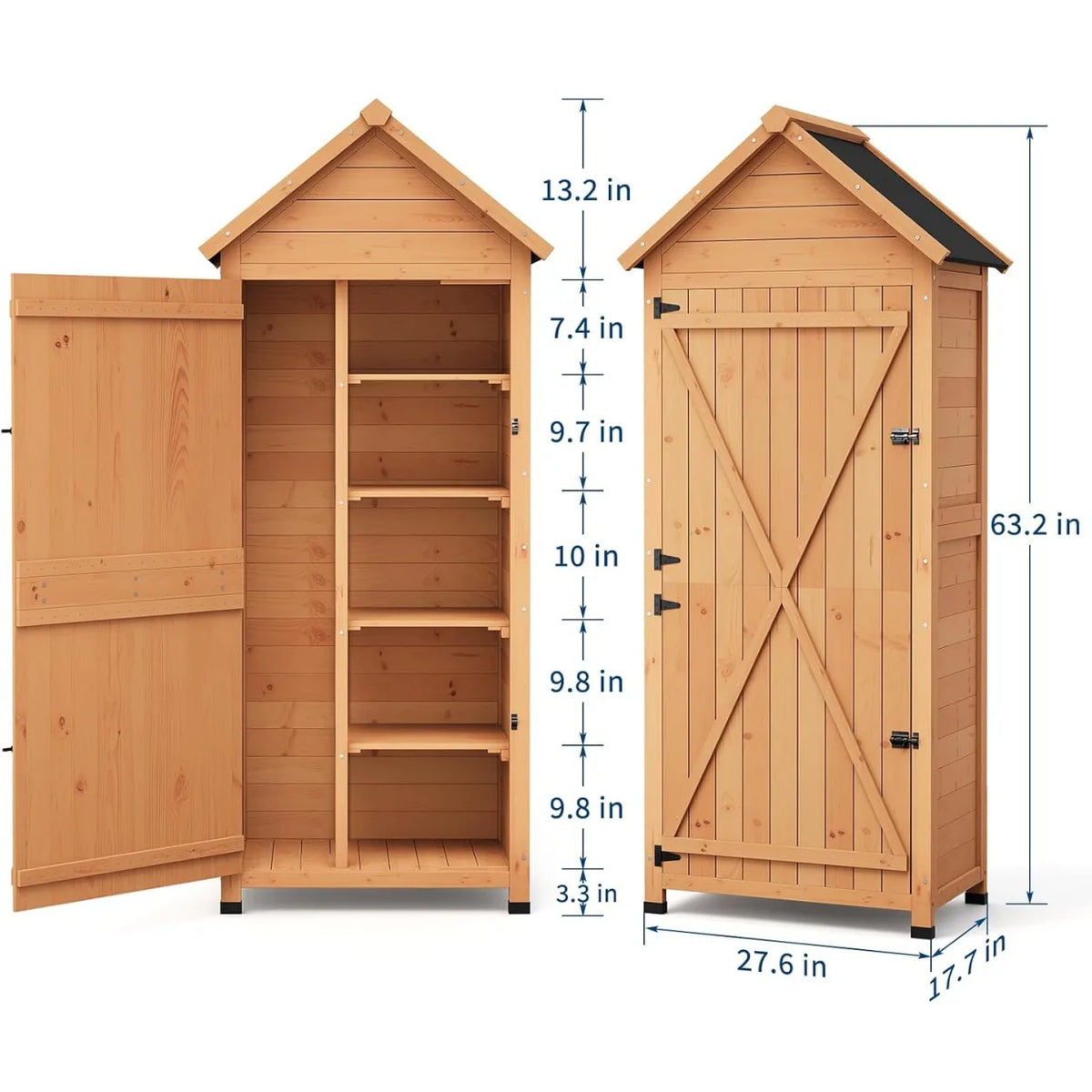 Outdoor Wooden Storage Cabinet Garden Tool Shed with Lockable Door Shelves Waterproof Sloped Roof Raised Base Vertical Organizer for Patio Backyard Yard Lawn Equipment and Garden Supplies
