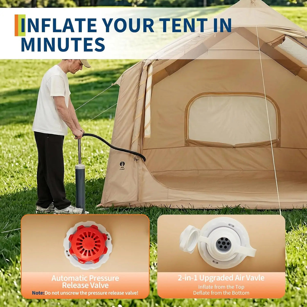 4 to 6 Person Inflatable Camping Tent 4 Season Large Family Air Tent with Roof Window Awning Stove Jack Hand Pump 10 x 8 Ft Floor 7 Ft Peak Height Waterproof Oxford Fabric Dual Doors Mesh Windows for Fall Winter Hiking Campin