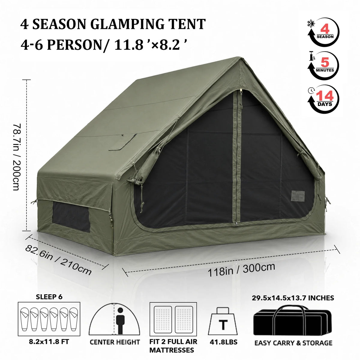 SENLEETO Inflatable Tent 420D Oxford 3-4 Person Portable Blow up Air Camping Tent with Canopy/Rain Fly, Stove Jack AC Vent for Outdoor Glamping