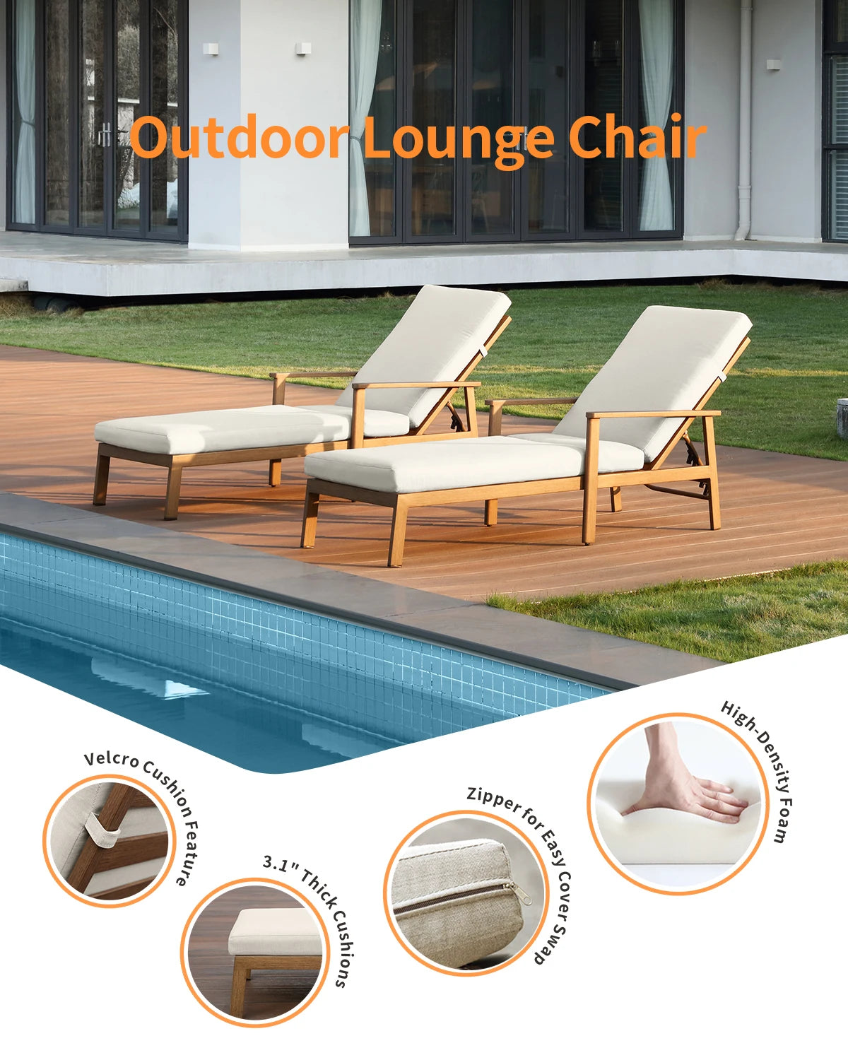 SeeHill 2-Pack Teak Aluminum Pool Chaise Lounge Chairs with Cushions, Adjustable Patio Loungers for Beach, Yard or Poolside