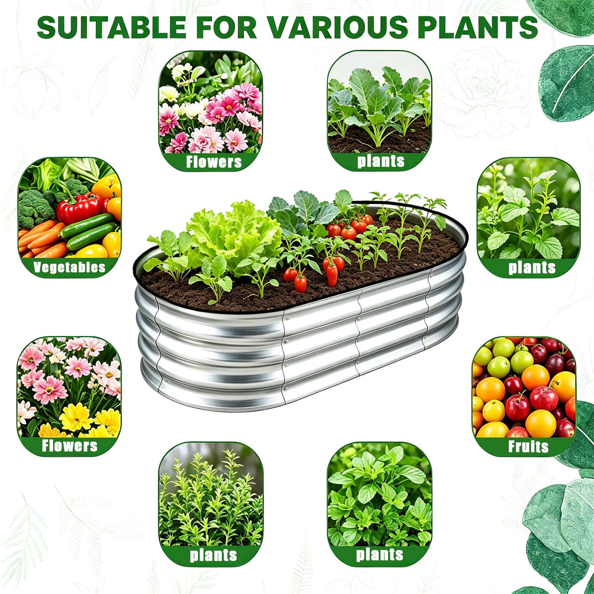 Oval Galvanized Metal Raised Garden Bed, Large Capacity Corrugated Planter Container, Sturdy Weatherproof Raised Bed for Vegetable, Flower & Herb, Outdoor Backyard Garden