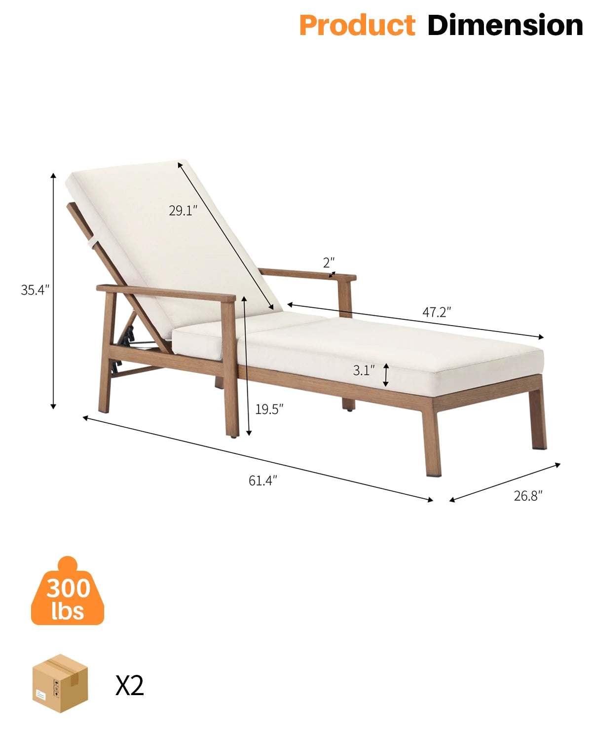 SeeHill 2-Pack Teak Aluminum Pool Chaise Lounge Chairs with Cushions, Adjustable Patio Loungers for Beach, Yard or Poolside