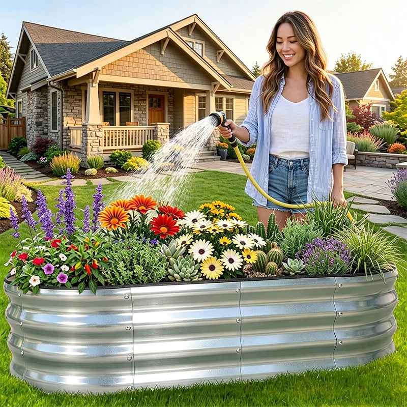 Oval Galvanized Metal Raised Garden Bed, Large Capacity Corrugated Planter Container, Sturdy Weatherproof Raised Bed for Vegetable, Flower & Herb, Outdoor Backyard Garden