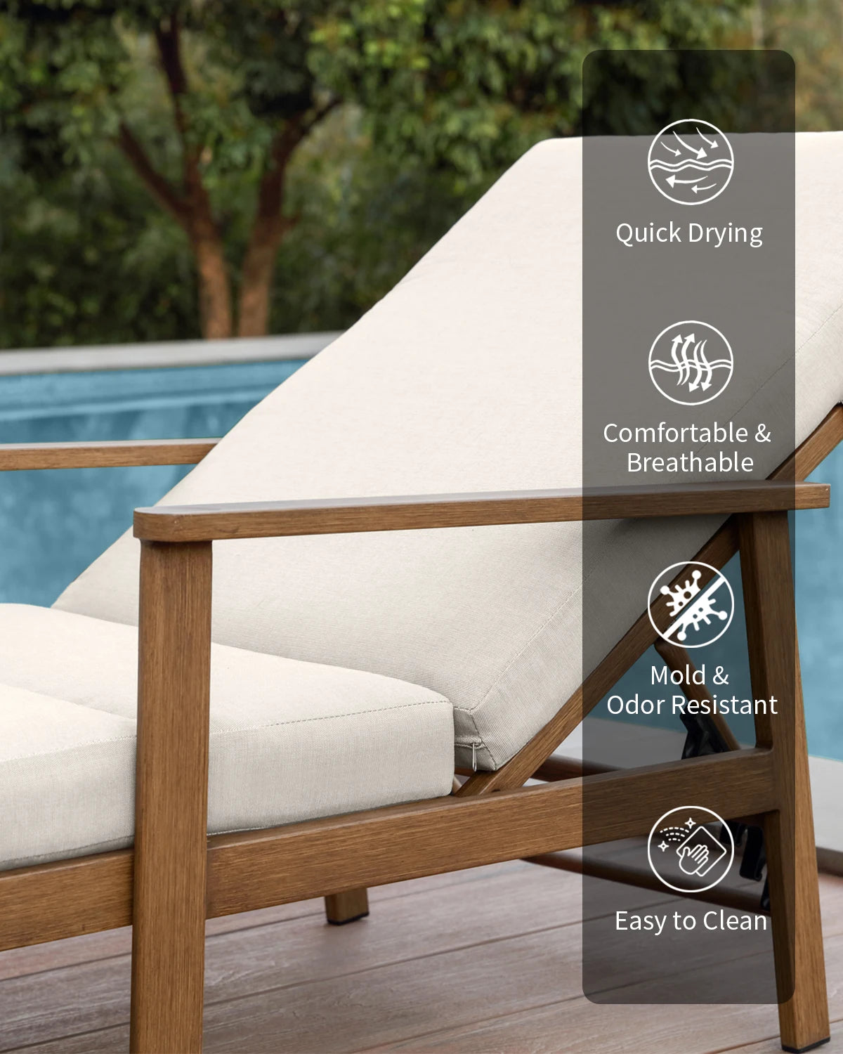 SeeHill 2-Pack Teak Aluminum Pool Chaise Lounge Chairs with Cushions, Adjustable Patio Loungers for Beach, Yard or Poolside