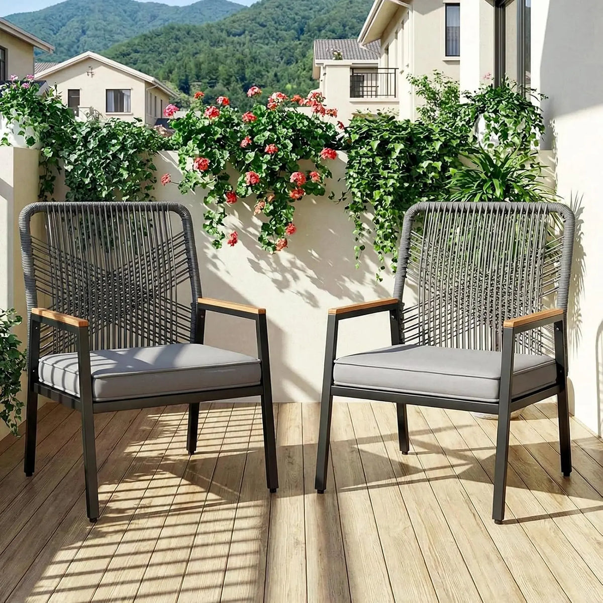 2Pcs Garden Rattan Patio Chairs With WPC Armrests Outdoor Seating