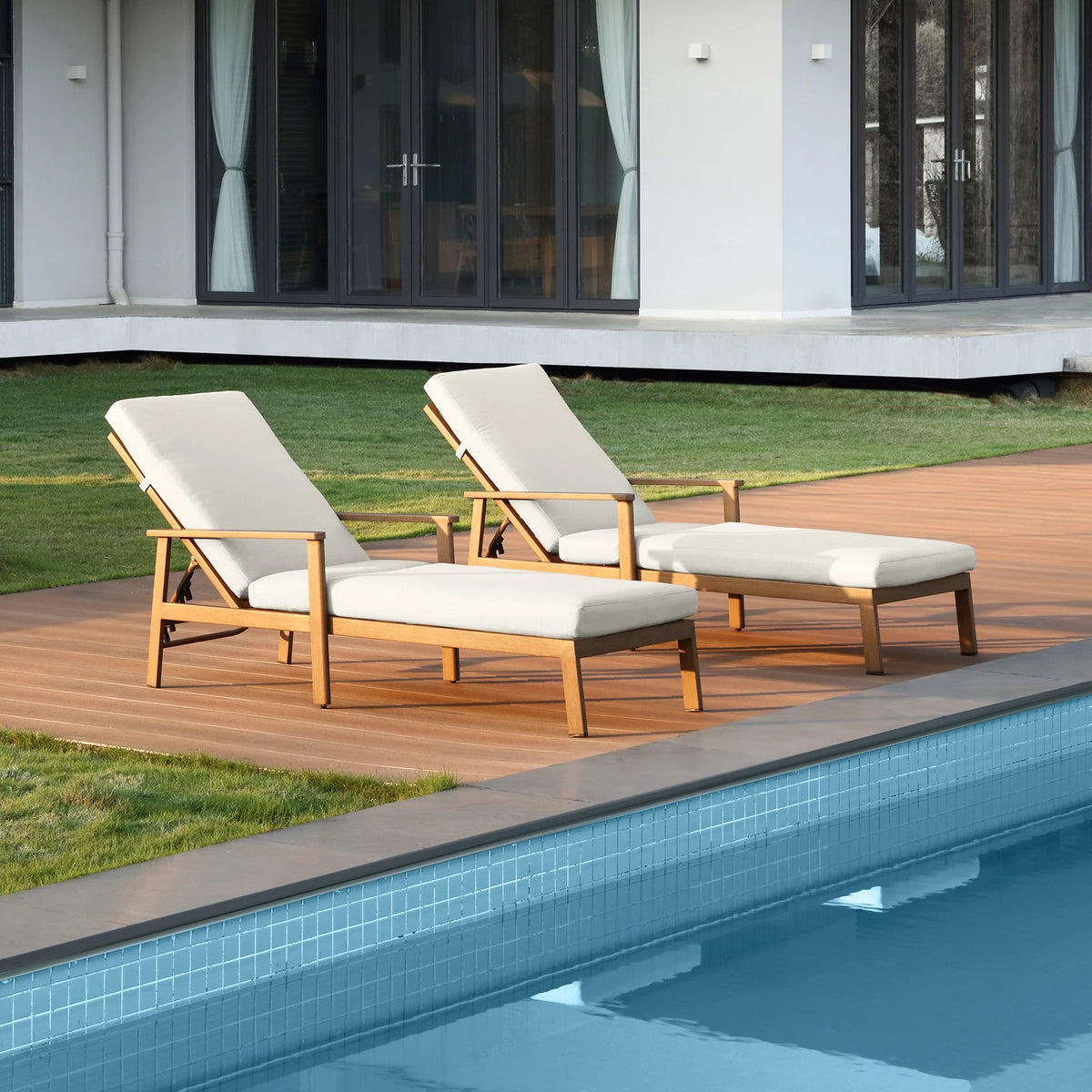 SeeHill 2-Pack Teak Aluminum Pool Chaise Lounge Chairs with Cushions, Adjustable Patio Loungers for Beach, Yard or Poolside