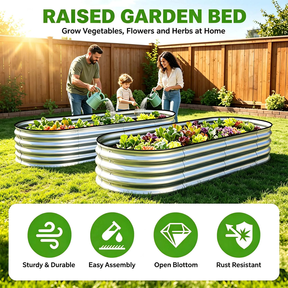 Oval Galvanized Metal Raised Garden Bed, Large Capacity Corrugated Planter Container, Sturdy Weatherproof Raised Bed for Vegetable, Flower & Herb, Outdoor Backyard Garden