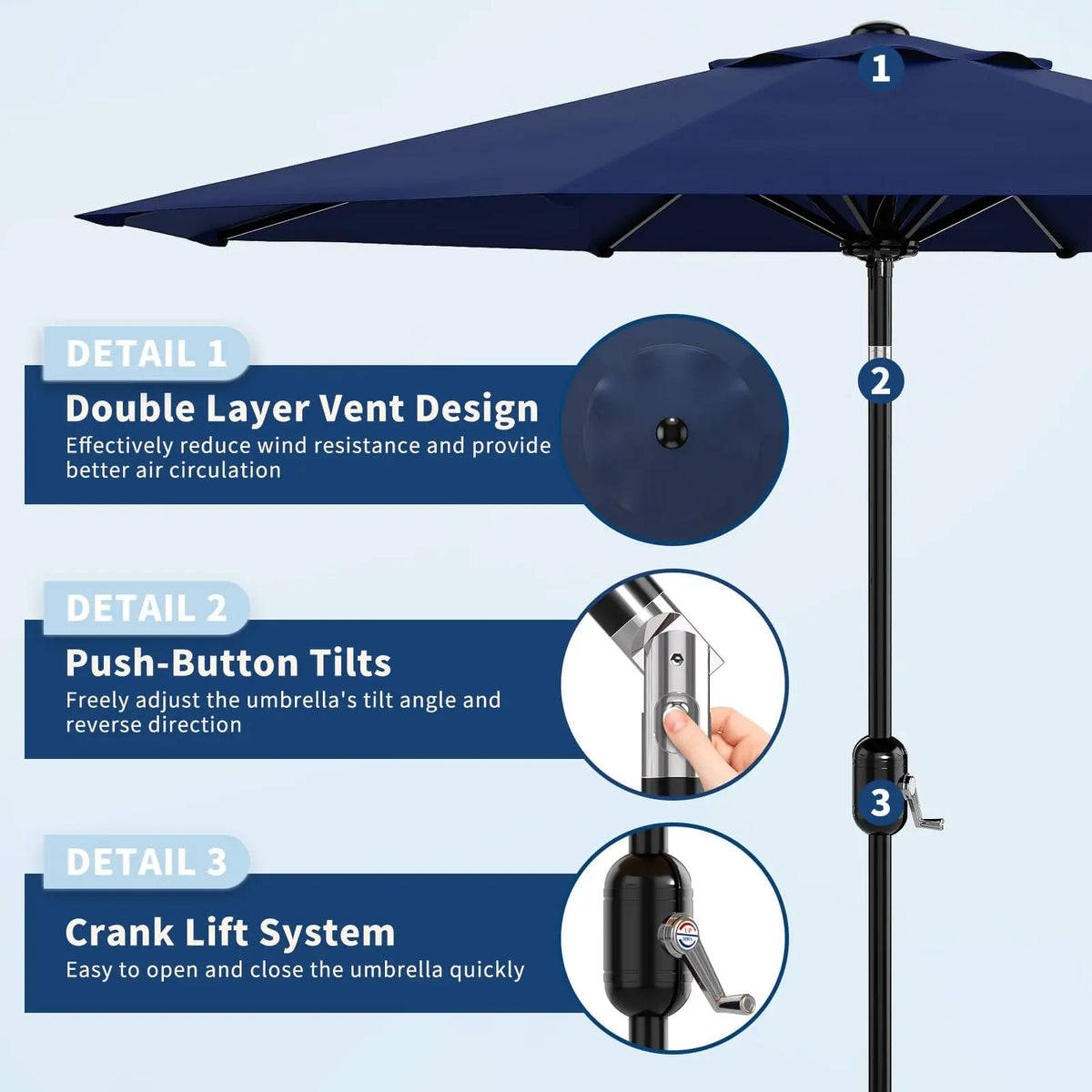 9FT Patio Umbrella 8 Sturdy Ribs Outdoor Table Umbrella, Navy Blue | Crank Lift & Push Button Tilt - Market Umbrella for Pool, Deck, Yard, Garden