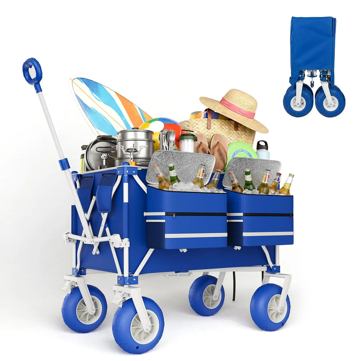 Heavy Duty Beach Wagon Cart 460LBS Folding Utility Wagon With 9in All-Terrain Wheels Adjustable Handle For Sand Camping