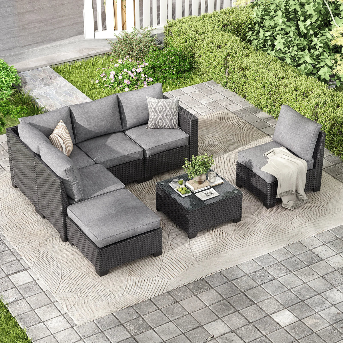Soohow Outdoor Rattan Patio Sectional Sofa With Ottoman