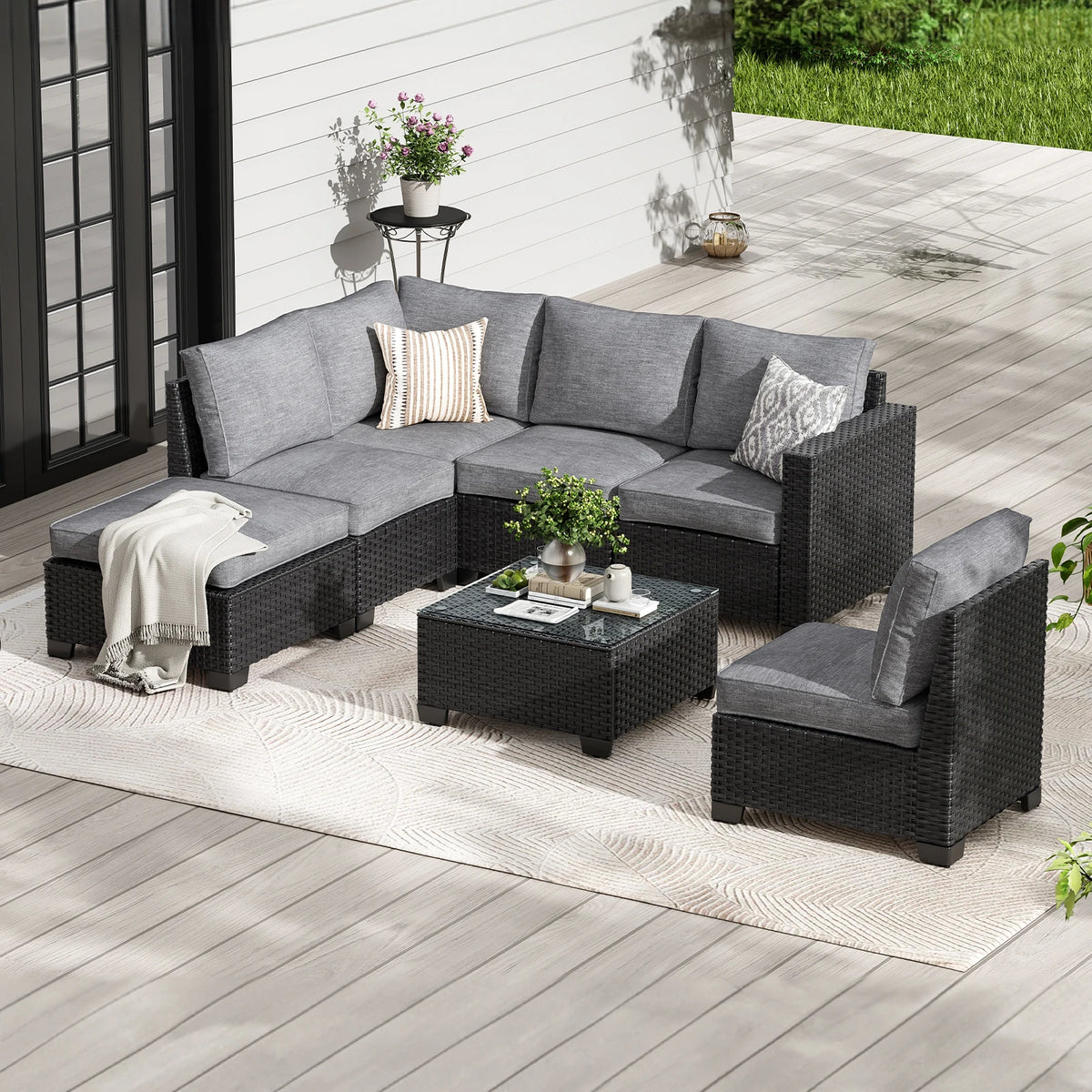 Soohow Outdoor Rattan Patio Sectional Sofa With Ottoman