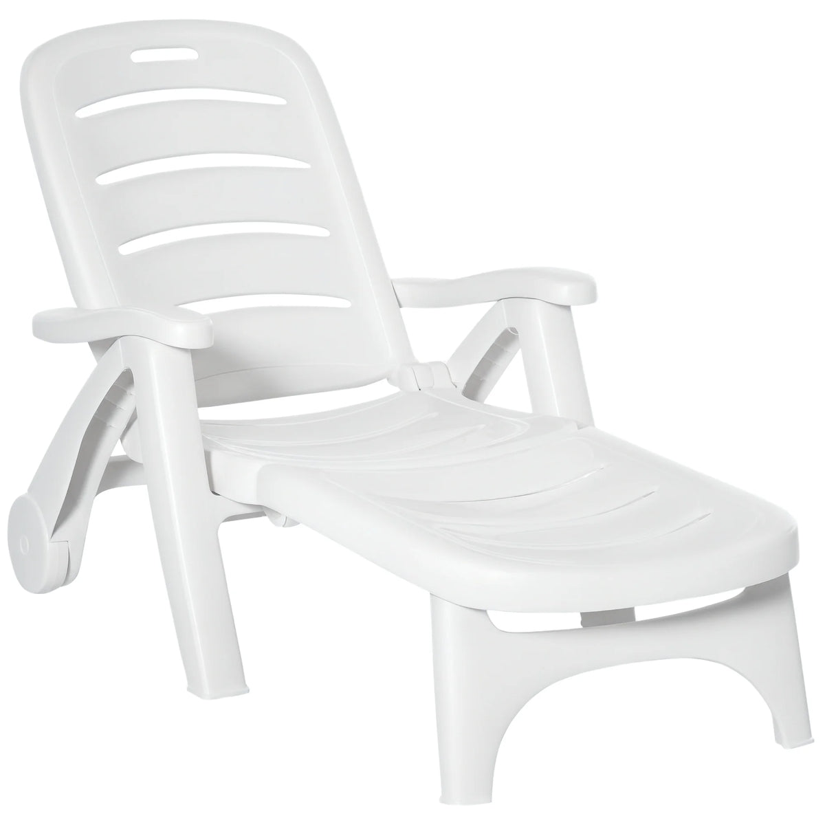 Outdoor Folding Chaise Lounge on Wheels, Reclining Sun, Beach, Pool Chair, White