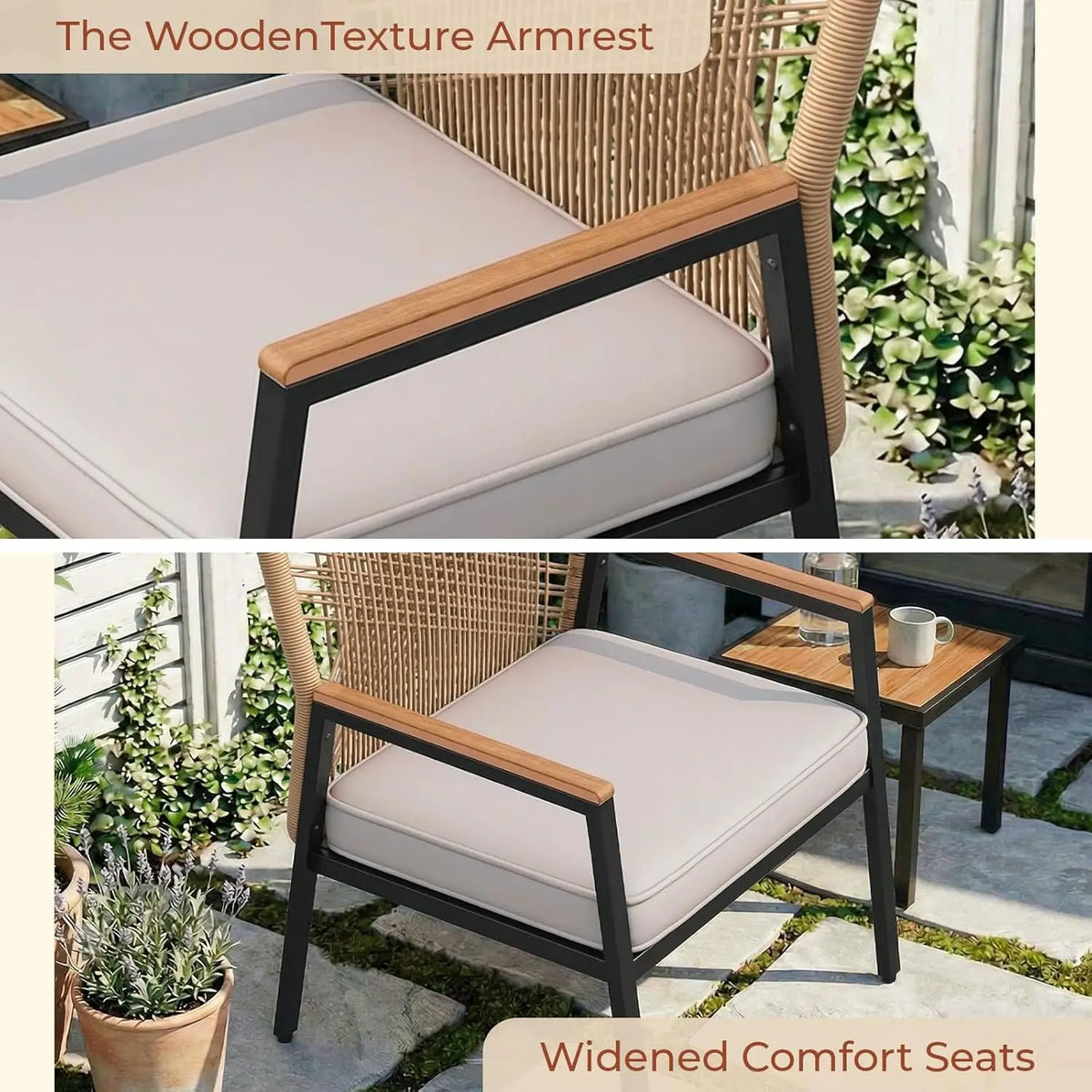2Pcs Garden Rattan Patio Chairs With WPC Armrests Outdoor Seating