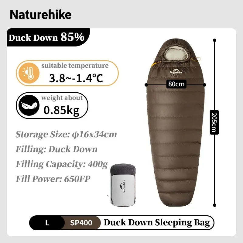 Naturehike Upgraded SP400 650FP Ultralight Sleeping Bag Camping Travel Hiking Duck Down Mummy Sleeping Bags for Winter Autumn