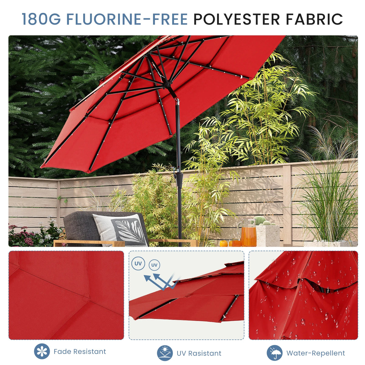 JHK Outdoor 10 Ft Solar Patio Umbrella With LED Lights