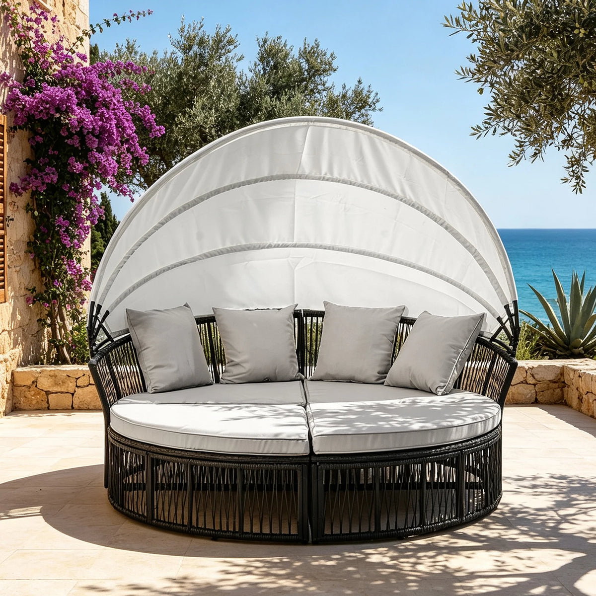 Outdoor Patio Furniture Set, Hand-woven Thin Wicker Round Daybed Patio Furniture with Foldable Sun Canopy & Cushioned Pillows, Breathable All-weather Outdoor Furniture Lounge Bed, Relax Outdoor Patio Furniture Set for Courtya