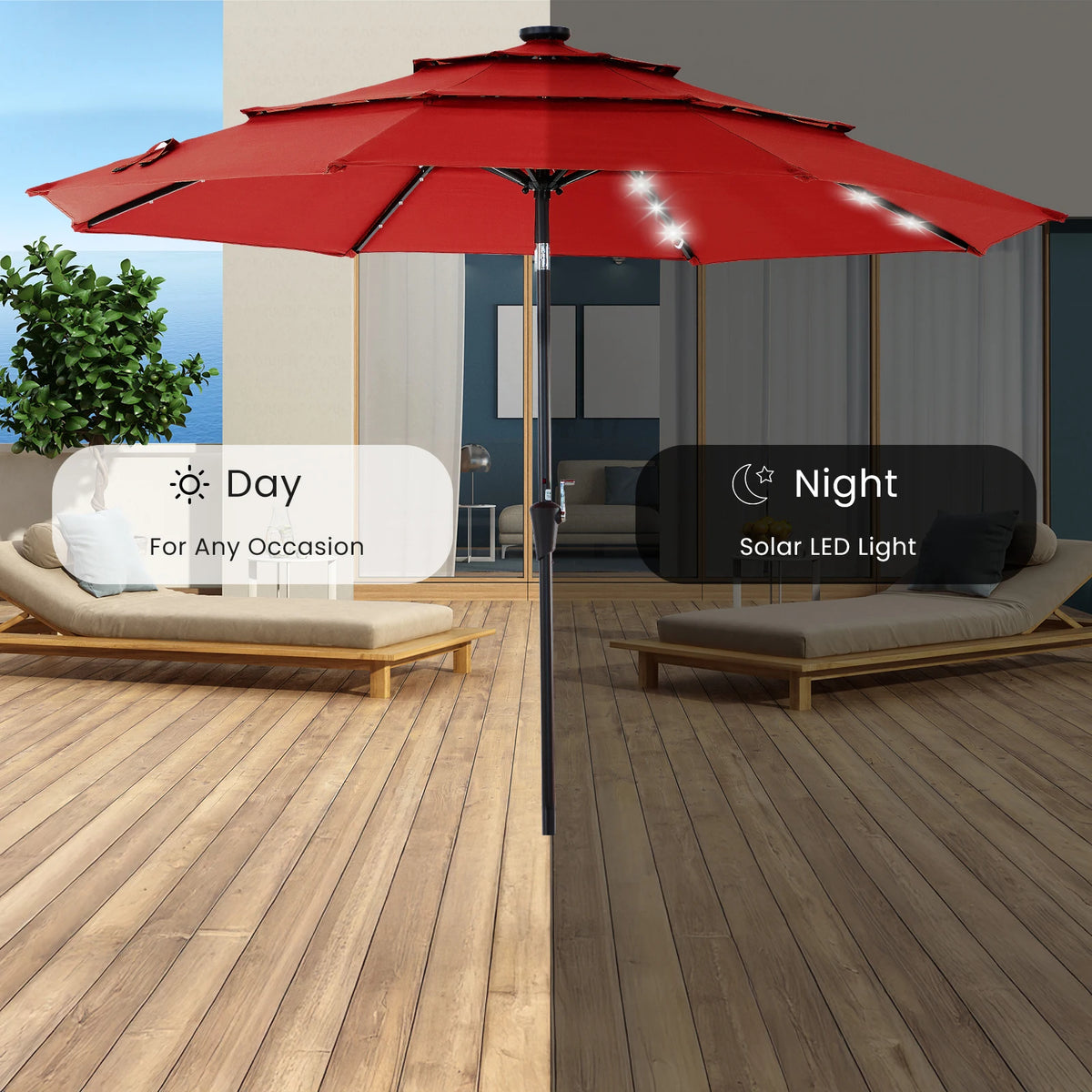JHK Outdoor 10 Ft Solar Patio Umbrella With LED Lights