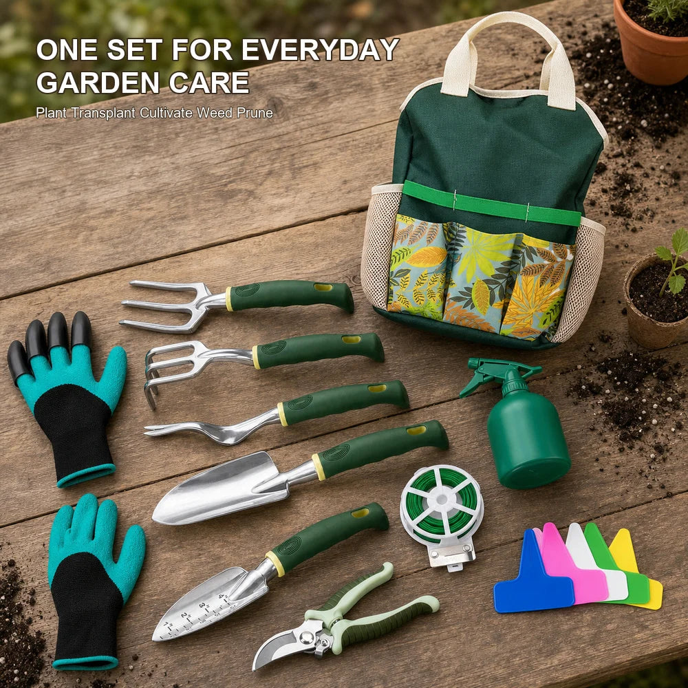 16 Piece Garden Tool Set Aluminum Alloy Gardening Hand Tools Kit with Floral Tote Bag Gloves Spray Bottle Plant Labels Twist Tie Trowel Transplanter Weeder Cultivator Hand Fork and Pruning Shears for Planting Weeding Pruning