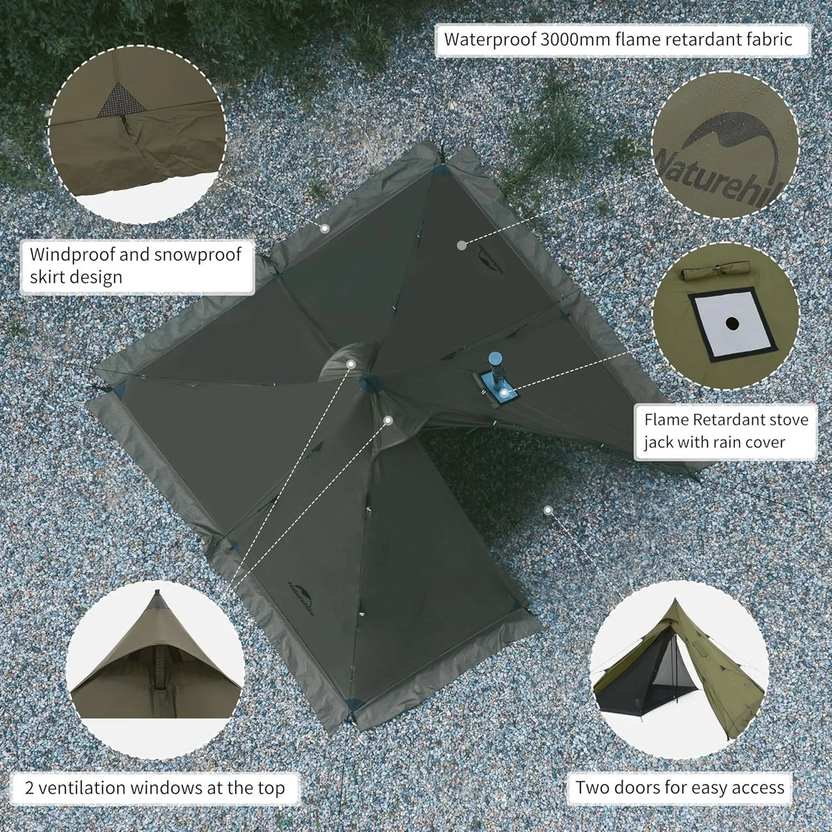 Naturehike 2-4 Person Chimney Tipi Camping Tent Pyramid