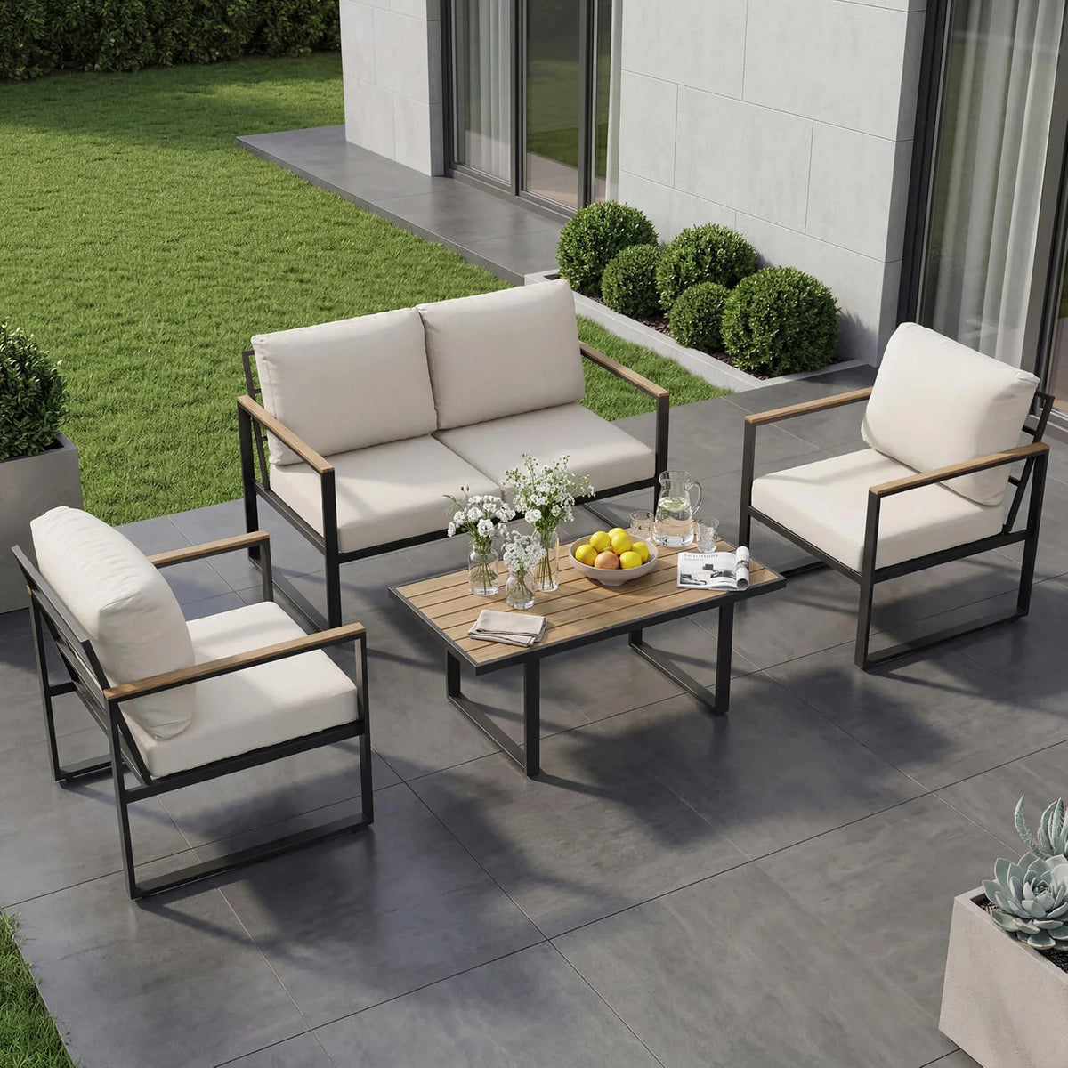 HobbyLane Modern 4 Piece Outdoor Patio Conversation Sectional Sofa Set