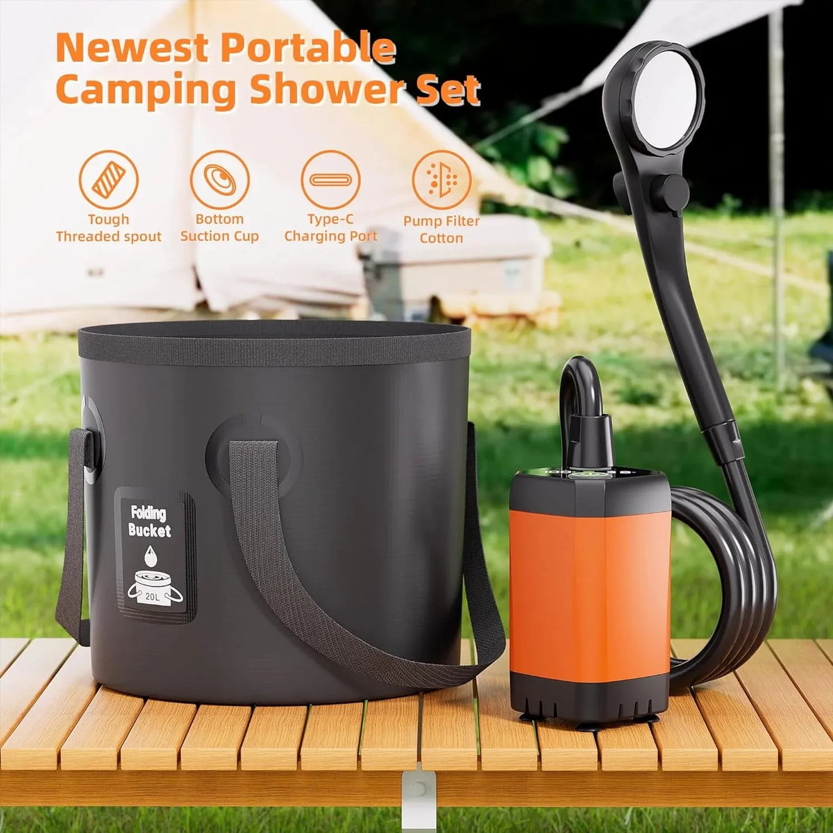 Moriko Portable Camping Shower Rechargeable Pump Collapsible Bucket LED Display