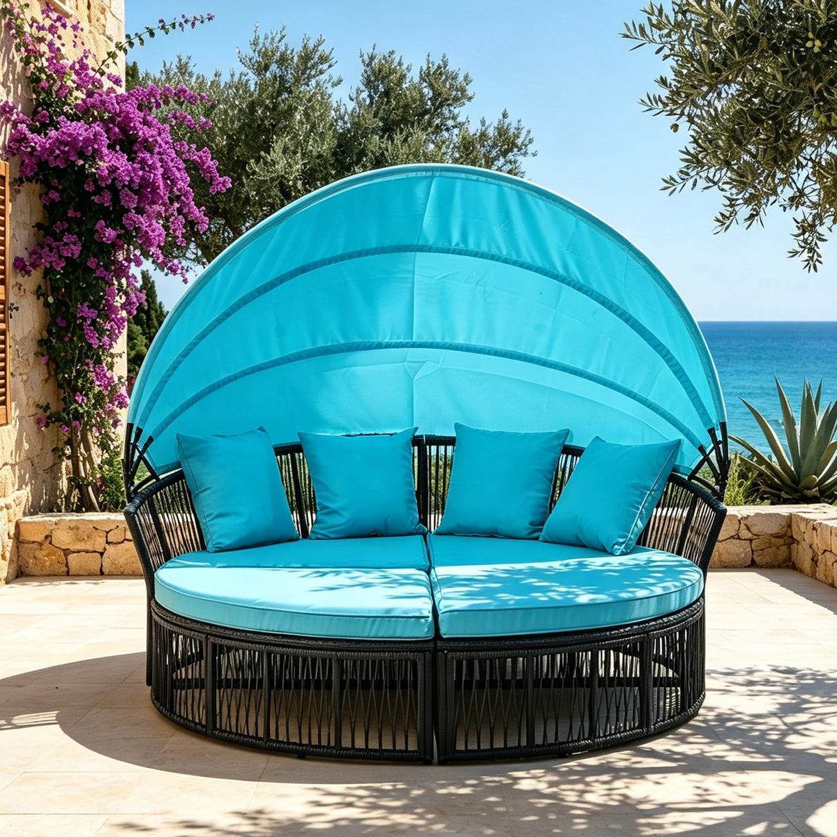 Outdoor Patio Furniture Set, Hand-woven Thin Wicker Round Daybed Patio Furniture with Foldable Sun Canopy & Cushioned Pillows, Breathable All-weather Outdoor Furniture Lounge Bed, Relax Outdoor Patio Furniture Set for Courtya