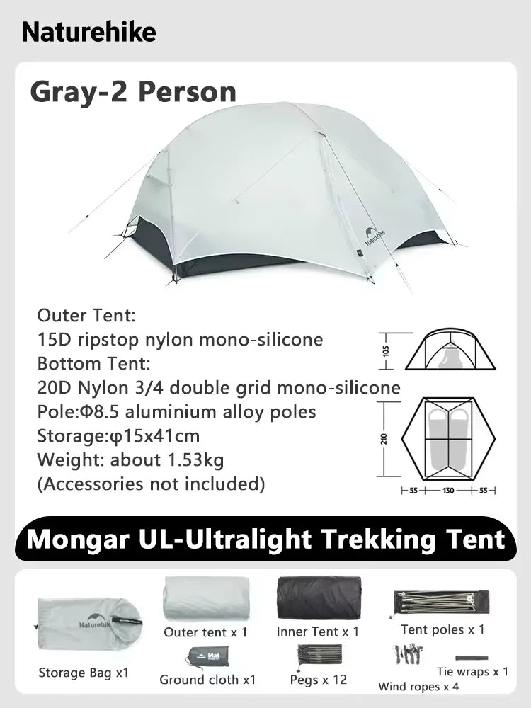 Naturehike Mongar UL Tent 2 Person 3 Season Camping Tent 15D Waterproof Ultralight Backpacking Tent for Hiking Cycling