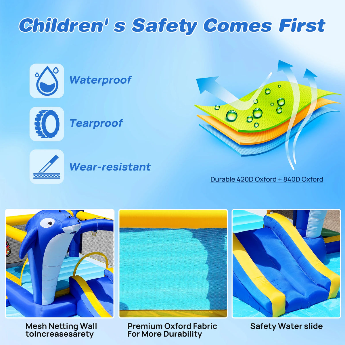 Dolphin 8-in-1 Inflatable Water Slide Park, Wet & Dry Bounce House with Splash Pool, Water Cannon, Basketball Hoop, Sprinkler, Safe Mesh Wall, Complete Set with Air Blower, Outdoor Backyard Blow Up Water Play Center for Kids