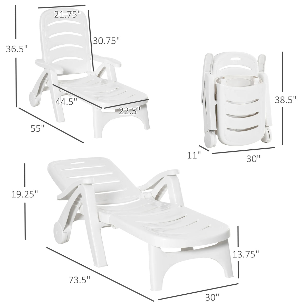 Outdoor Folding Chaise Lounge on Wheels, Reclining Sun, Beach, Pool Chair, White