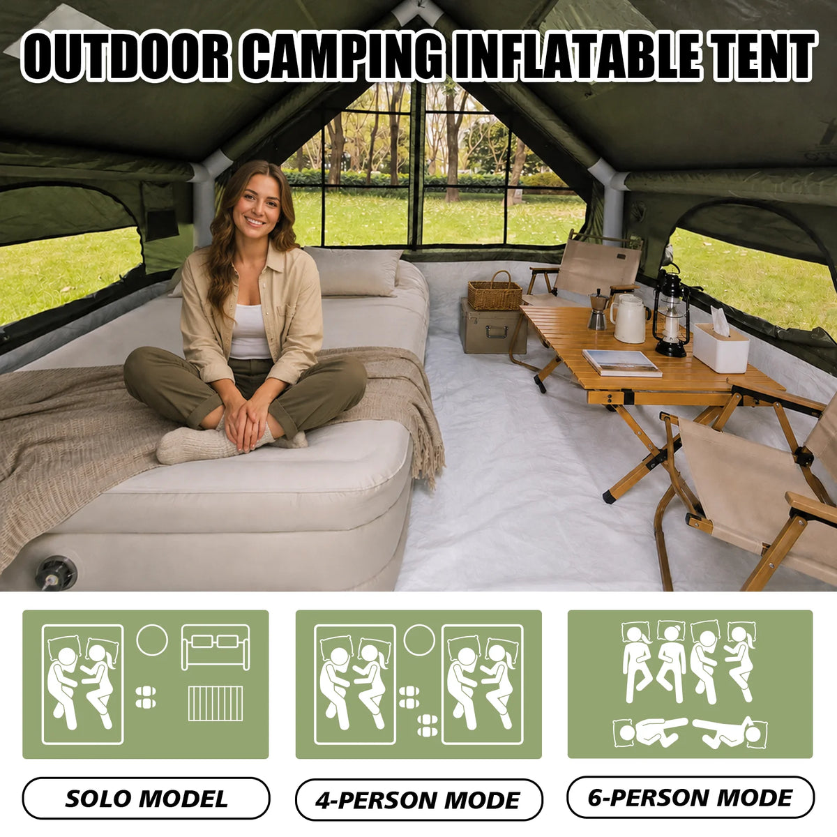 SENLEETO Inflatable Tent 420D Oxford 3-4 Person Portable Blow up Air Camping Tent with Canopy/Rain Fly, Stove Jack AC Vent for Outdoor Glamping