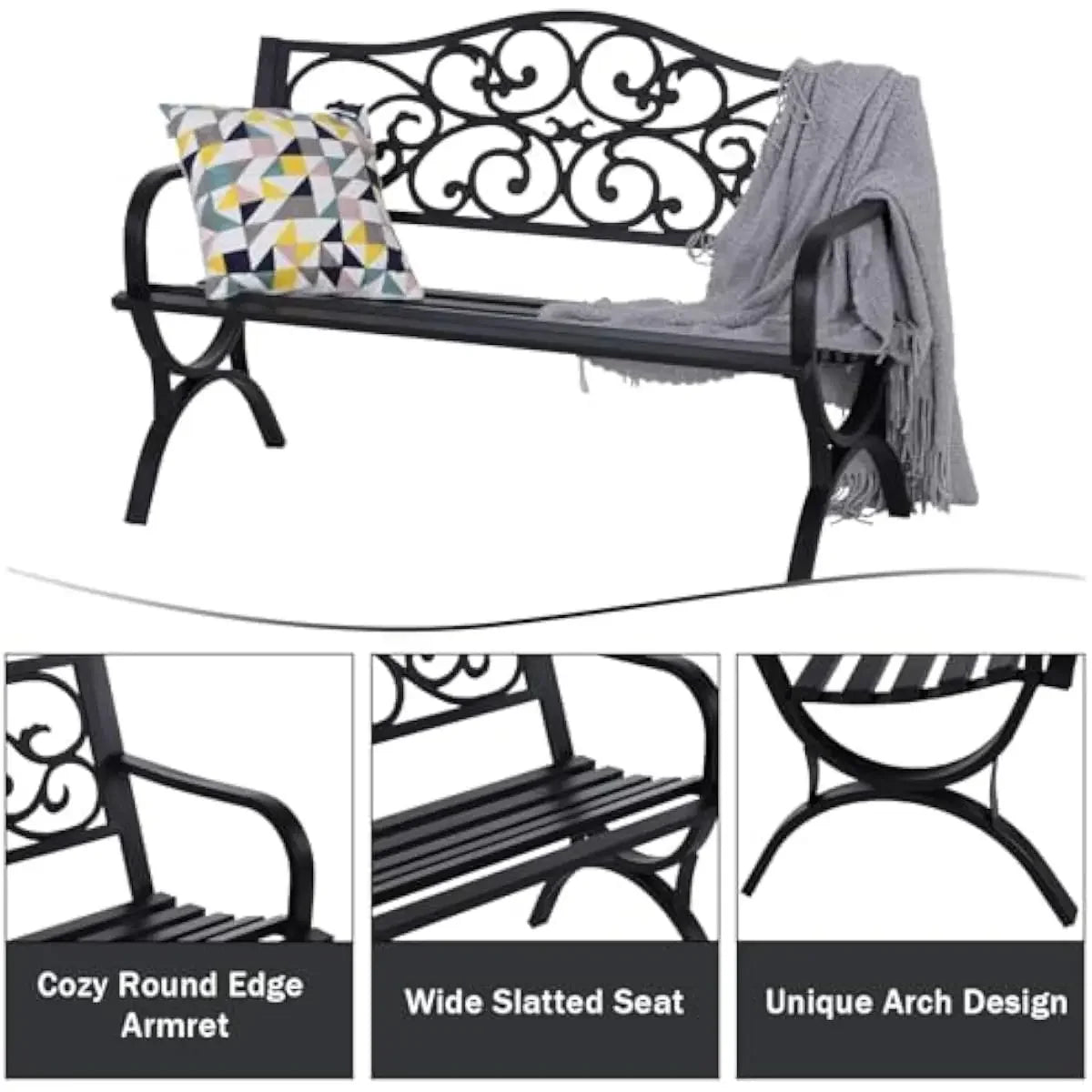 Outdoor Antique Iron Bench With Floral Backrest And Sturdy Arms