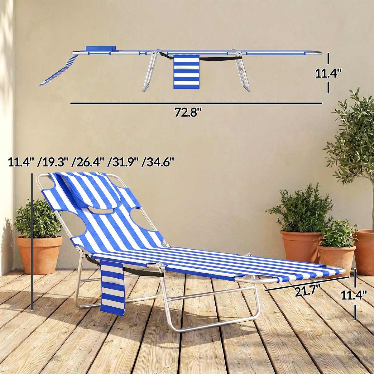 Outsunny Folding Outdoor Lounge W/ Face Hole, 5-Level Recline, Blue Stripe