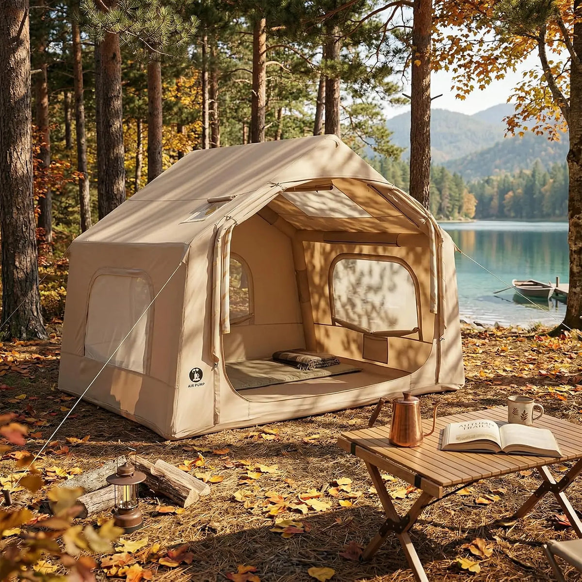4 to 6 Person Inflatable Camping Tent 4 Season Large Family Air Tent with Roof Window Awning Stove Jack Hand Pump 10 x 8 Ft Floor 7 Ft Peak Height Waterproof Oxford Fabric Dual Doors Mesh Windows for Fall Winter Hiking Campin