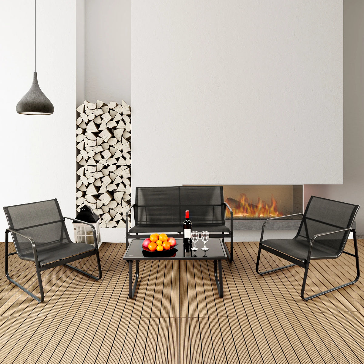 JHK 4 Piece Outdoor Patio Furniture Set Metal Frame with Table