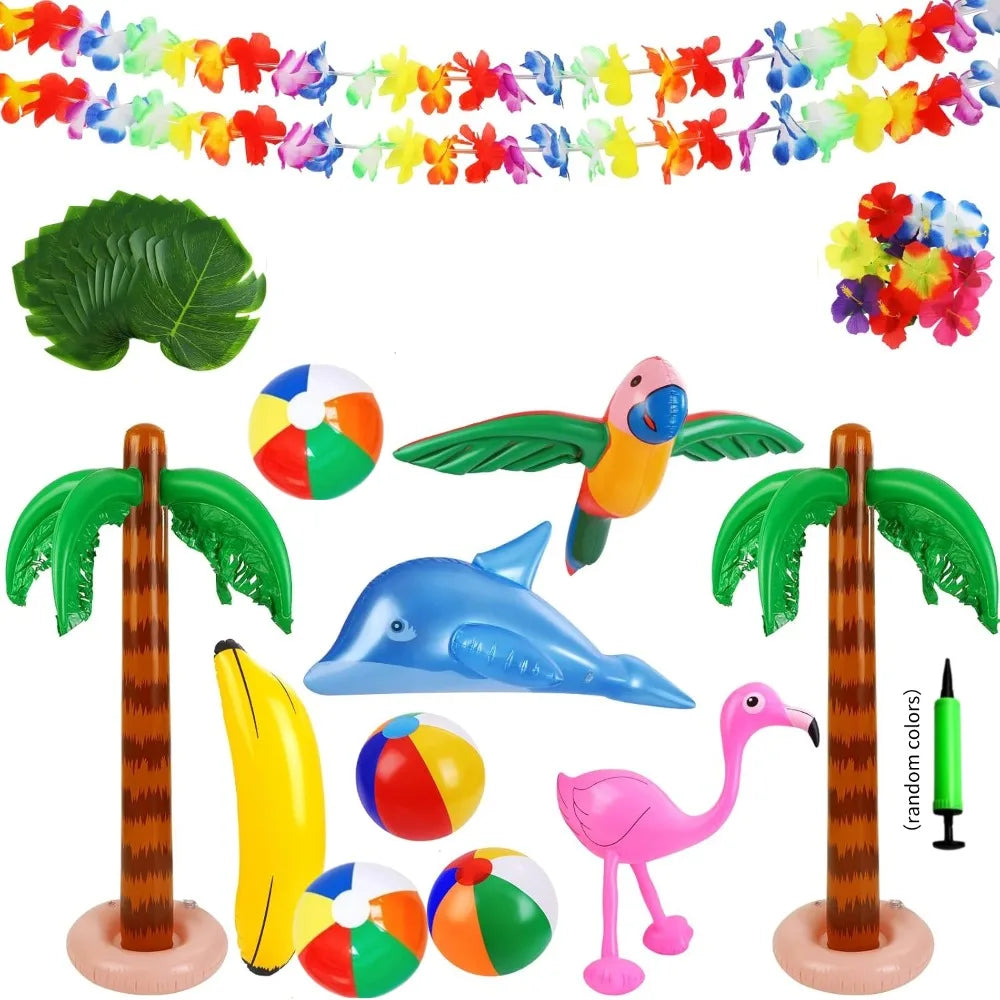 37 piece inflatable Hawaiian themed party set, including inflatable palm trees, inflatable banana beach balls, flamingo toys, flying parrots and dolphins, Hawaiian flower garlands, turtle back bamboo leaves, Hawaiian flowers,