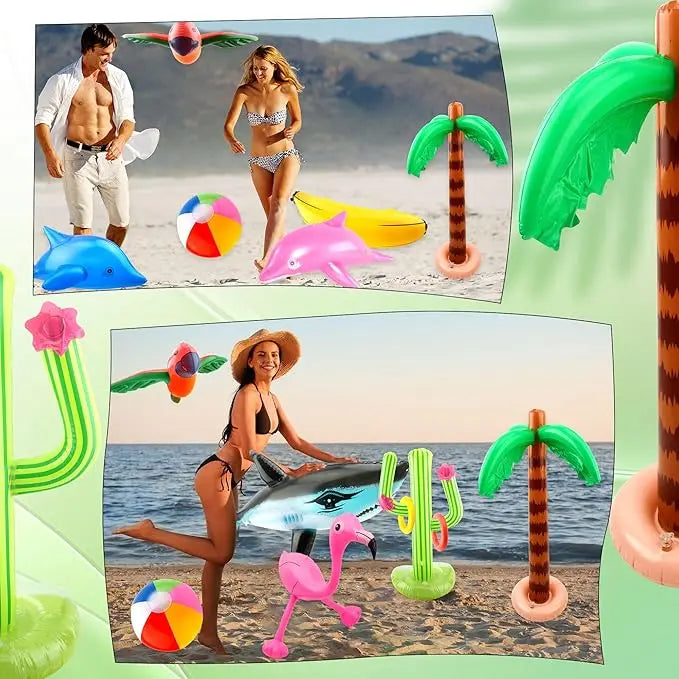 37 piece inflatable Hawaiian themed party set, including inflatable palm trees, inflatable banana beach balls, flamingo toys, flying parrots and dolphins, Hawaiian flower garlands, turtle back bamboo leaves, Hawaiian flowers,