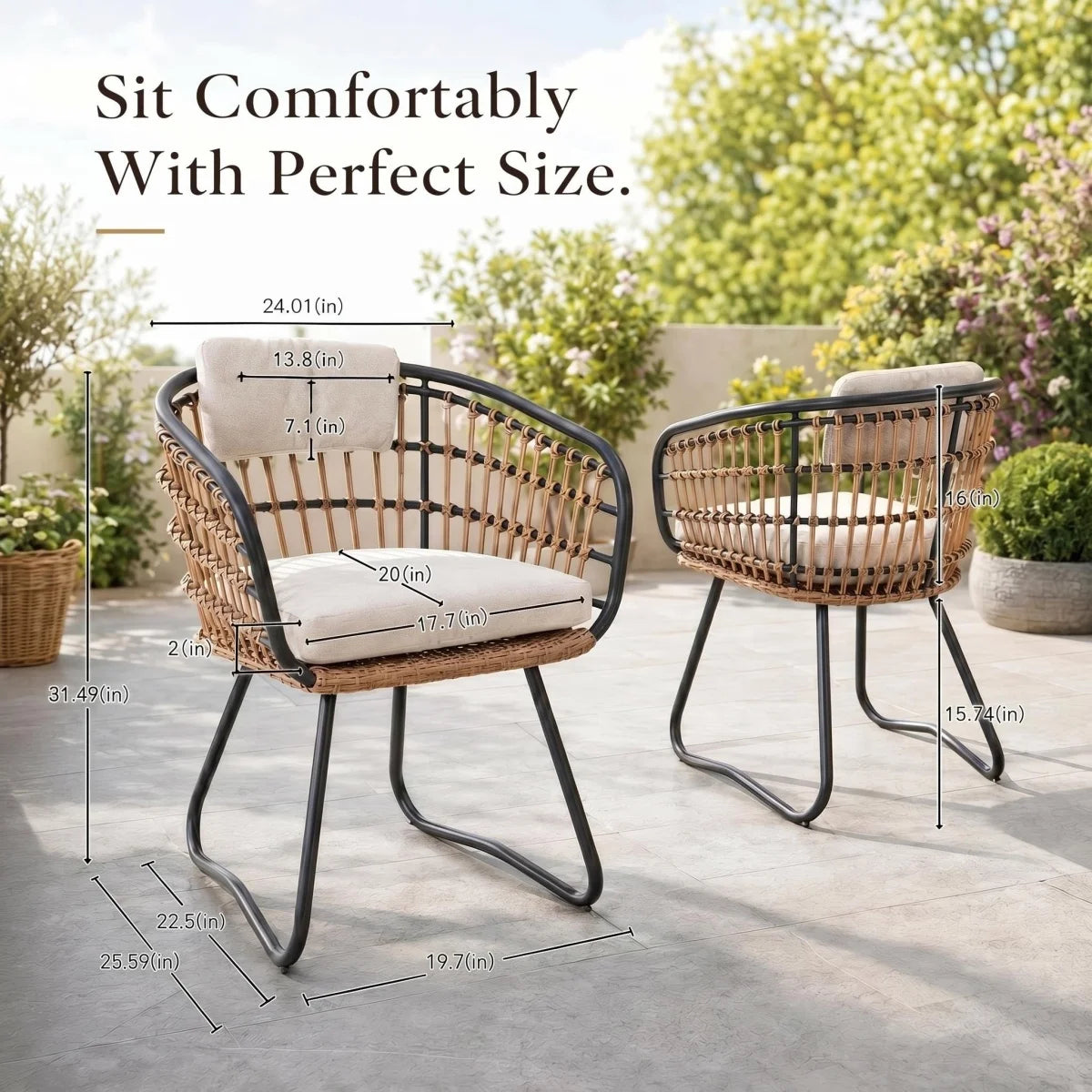 Outdoor Wicker Dining Chairs Set of 2, Patio Dining Chairs with Cushions, Rattan Dining Armchairs for Lawn, Garden, Poolside, Backyard, Porch, Beige    RR