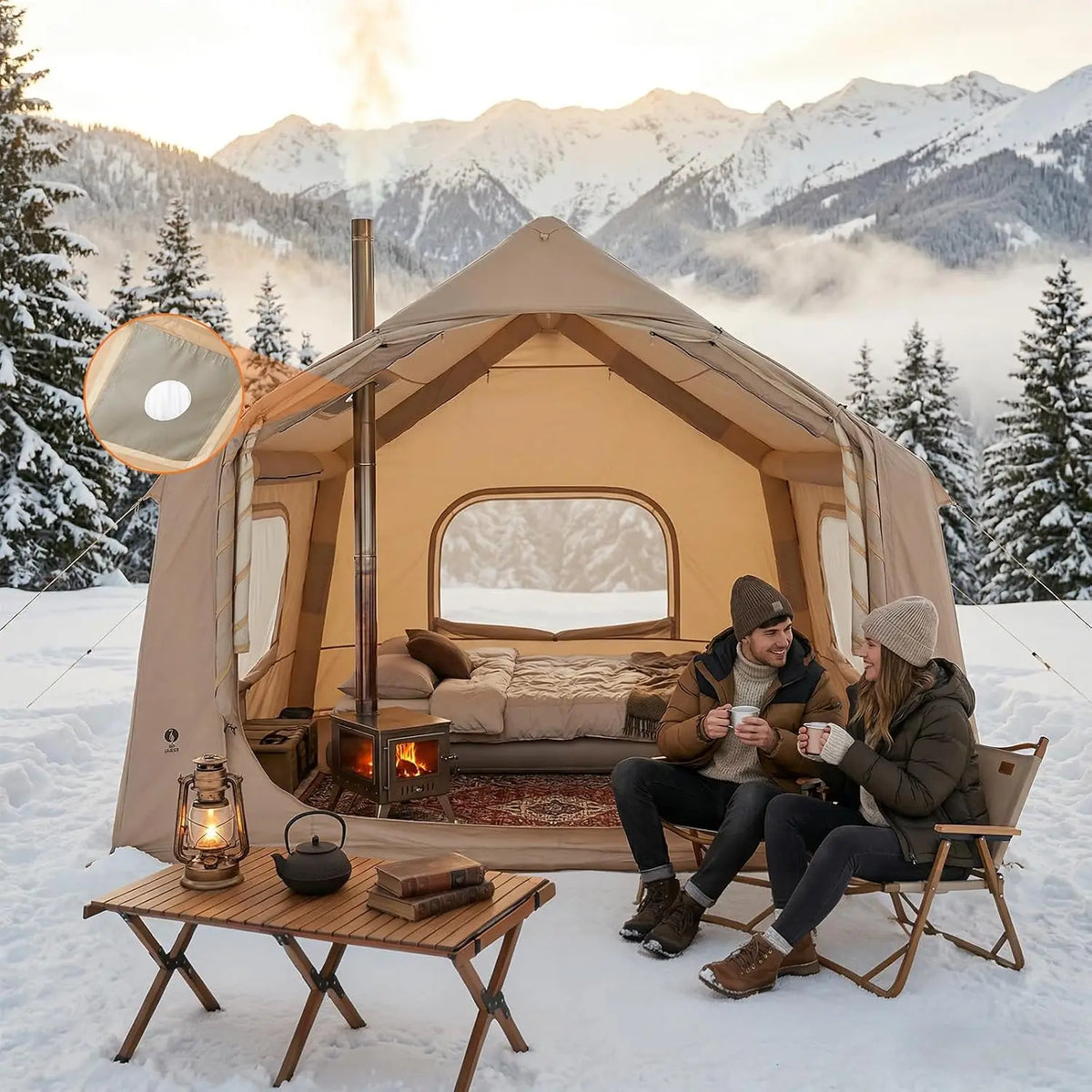 4 to 6 Person Inflatable Camping Tent 4 Season Large Family Air Tent with Roof Window Awning Stove Jack Hand Pump 10 x 8 Ft Floor 7 Ft Peak Height Waterproof Oxford Fabric Dual Doors Mesh Windows for Fall Winter Hiking Campin