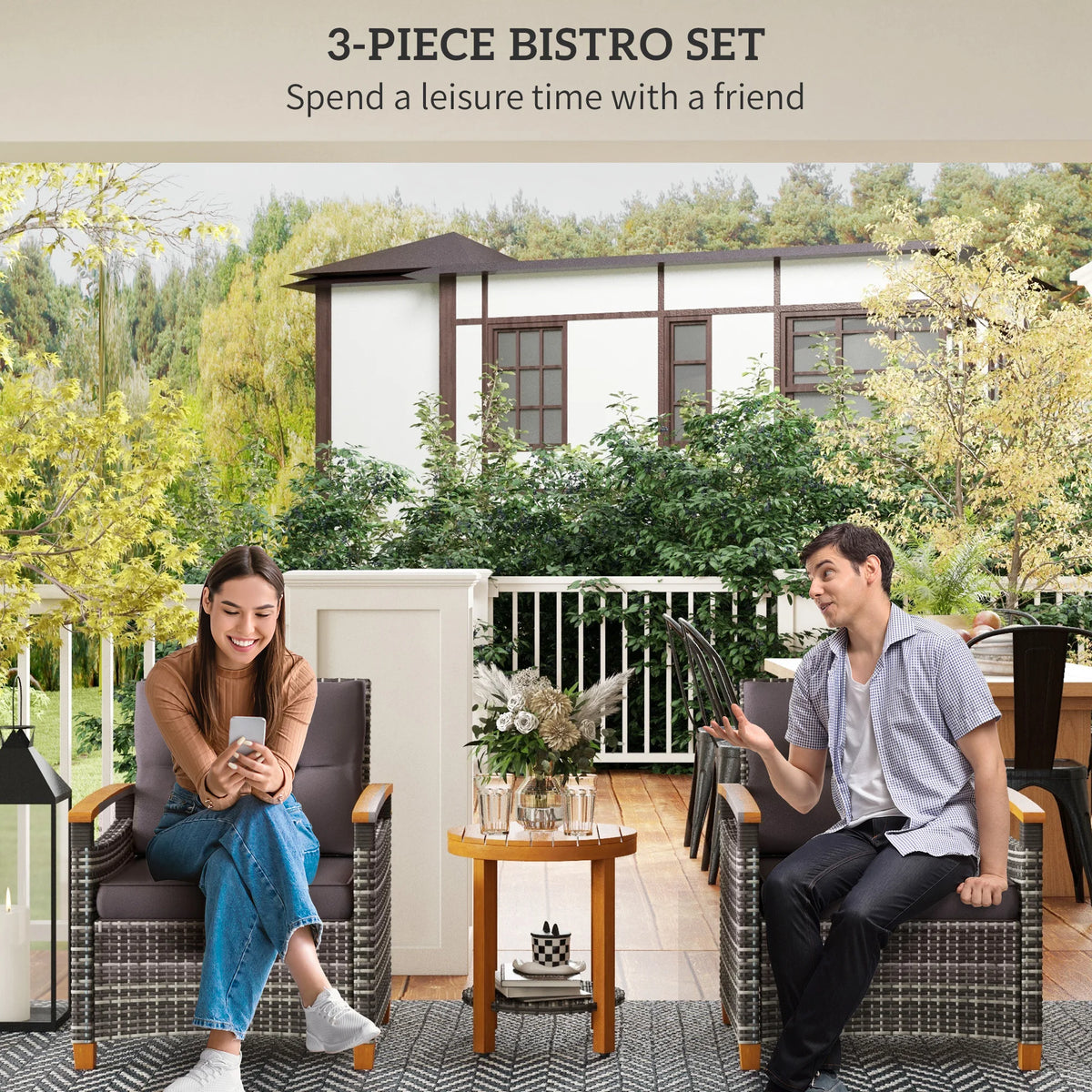 Outsunny Wicker Patio Bistro Set Outdoor Furniture With Cushions