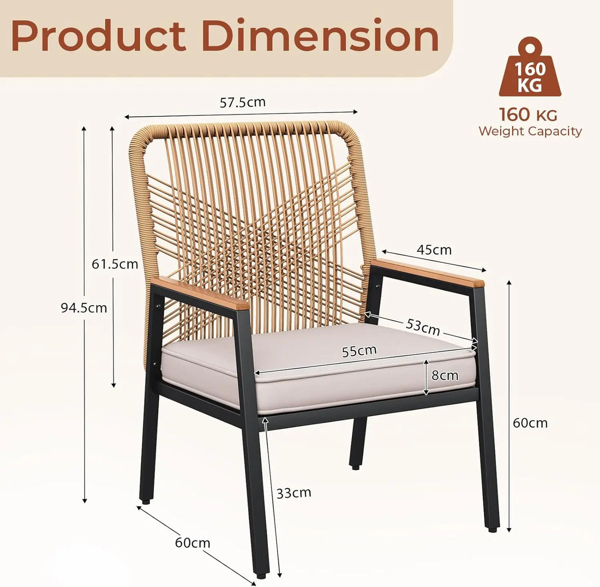 2Pcs Garden Rattan Patio Chairs With WPC Armrests Outdoor Seating