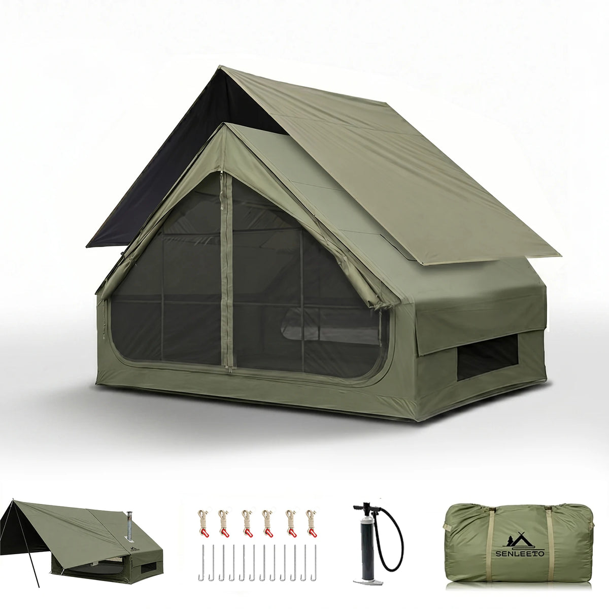 SENLEETO Inflatable Tent 420D Oxford 3-4 Person Portable Blow up Air Camping Tent with Canopy/Rain Fly, Stove Jack AC Vent for Outdoor Glamping