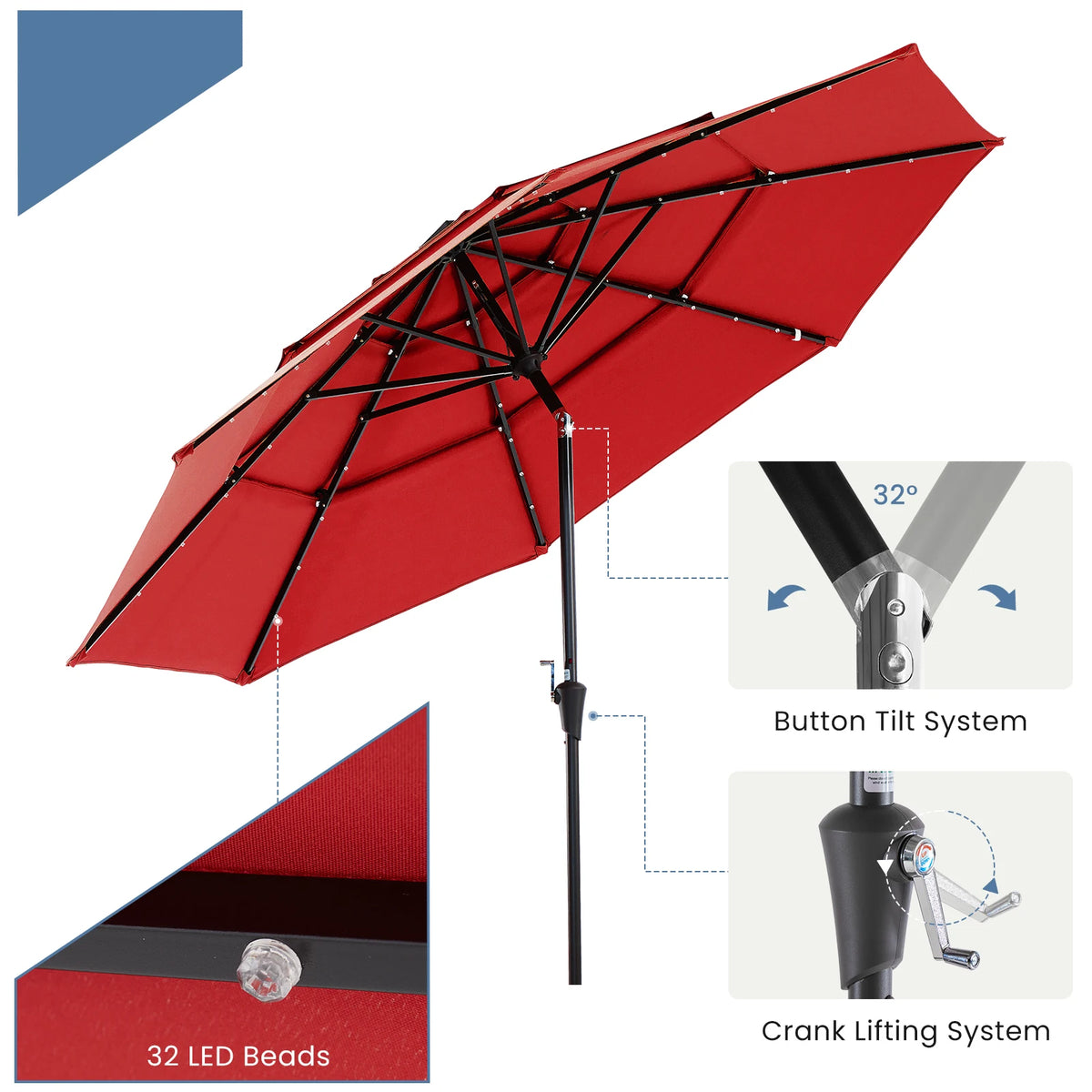 JHK Outdoor 10 Ft Solar Patio Umbrella With LED Lights